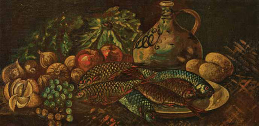 Still Life with Fish, Jug and Vegetables, vintage artwork by Sergei Sudeikin, 12x8" (A4) Poster