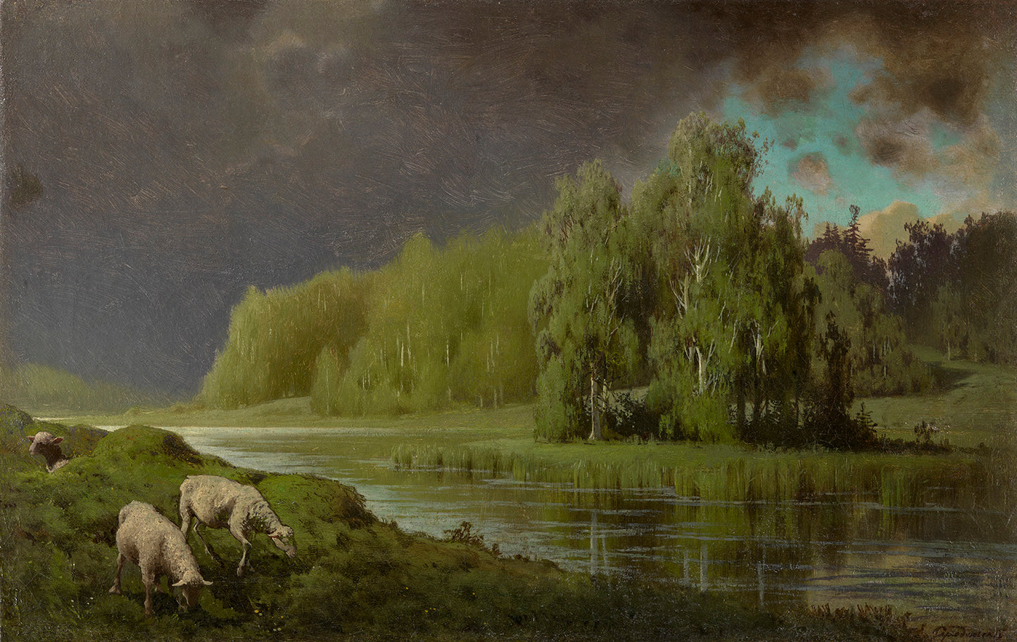 Approaching Storm, Sheep on a River Bank, vintage artwork by Petr Sukhodolsky, 12x8" (A4) Poster