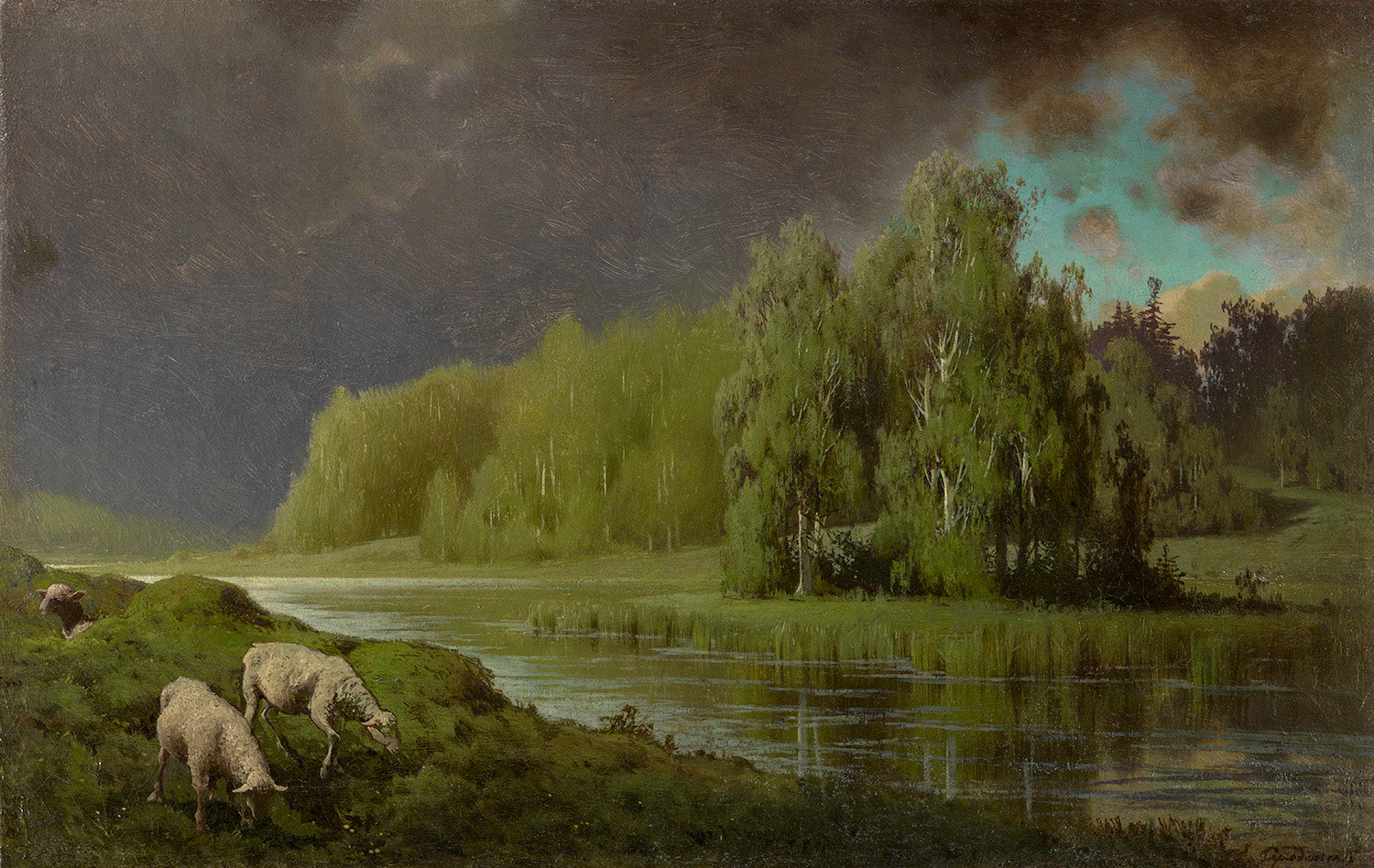 Approaching Storm, Sheep on a River Bank, vintage artwork by Petr Sukhodolsky, 12x8" (A4) Poster