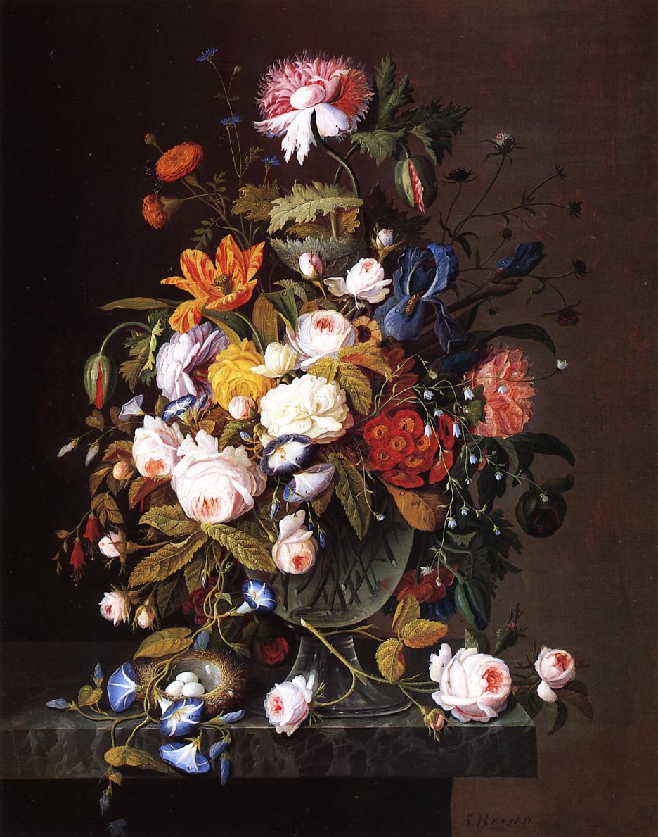 Floral Still Life with Bird's Nest, vintage artwork by Severin Roesen, A3 (16x12") Poster Print