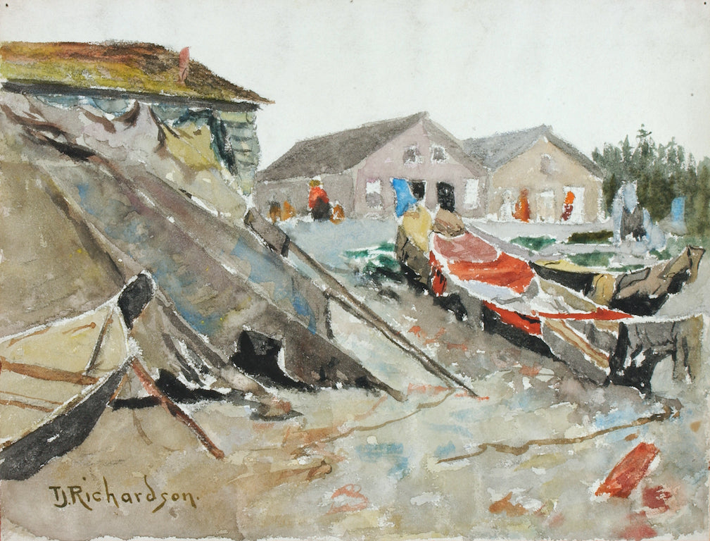 Drying Blankets over Canoes, vintage artwork by Theodore J. Richardson, 12x8" (A4) Poster