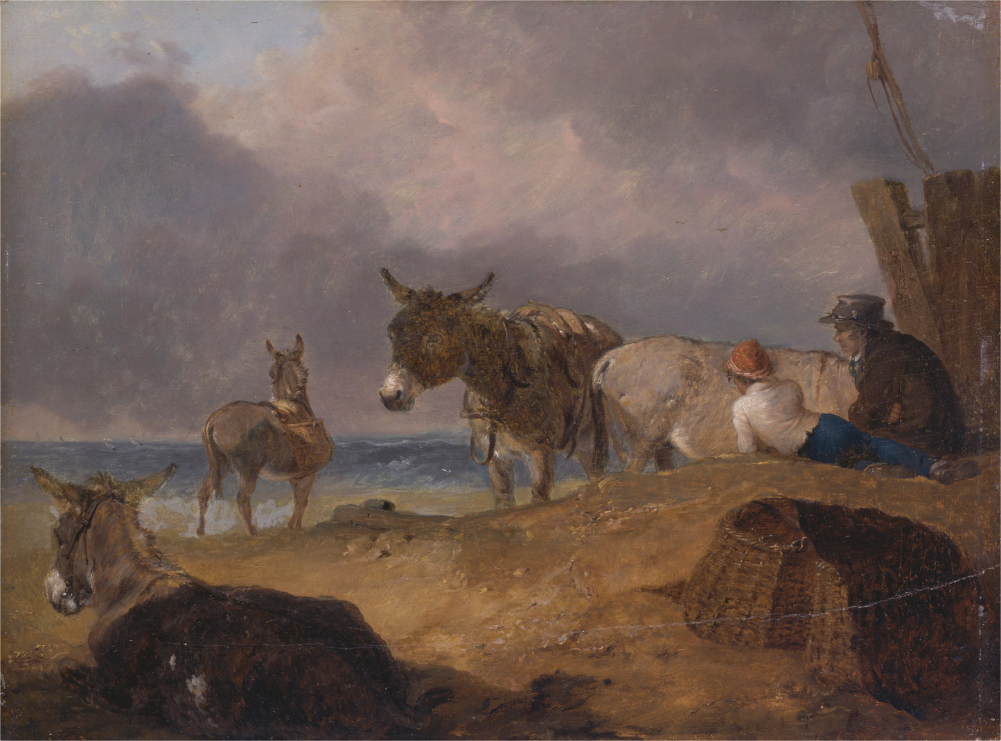 Donkeys and Figures on a Beach, vintage artwork by Julius Caesar Ibbetson, 12x8" (A4) Poster