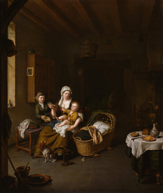 A Mother Feeding Her Child, vintage artwork by Willem van Mieris, 12x8" (A4) Poster