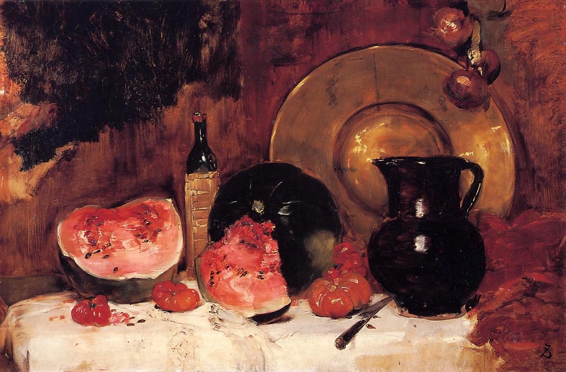 Still Life with Watermelon, vintage artwork by Frank Duveneck, 12x8" (A4) Poster