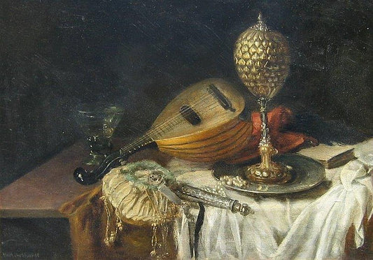 Still Life with Mandolin and Other Ornaments, vintage artwork by Karl Gebhardt, 12x8" (A4) Poster