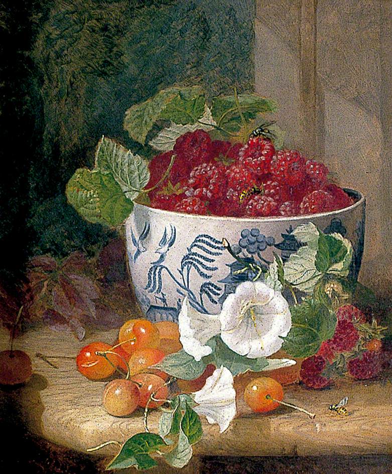 Still Life of Raspberries in a Willow Pattern Bowl, with Cherries and Bindweed, vintage artwork by Eloise Harriet Stannard, 12x8" (A4) Poster
