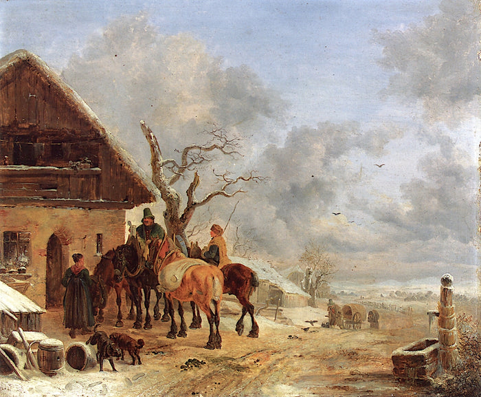 Winter Landscape with Inn and Hunting Lodge, vintage artwork by Heinrich Bürkel, A3 (16x12