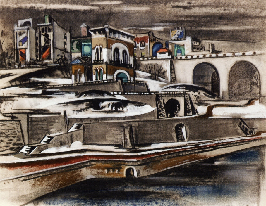 Harlem River Bridge, vintage artwork by Preston Dickinson, 12x8" (A4) Poster