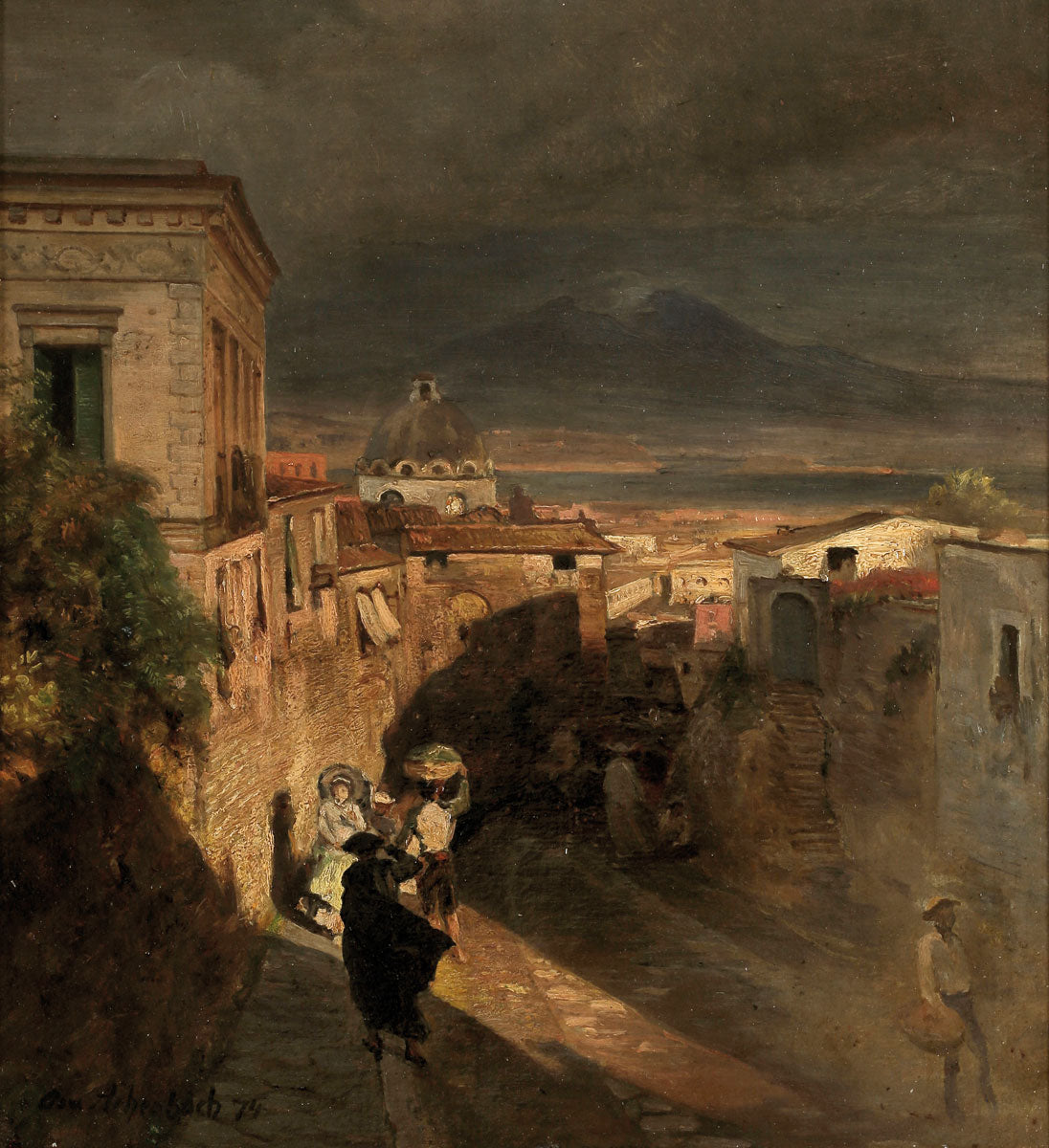 Alleyways of the Oldtown in Naples with View on The Vesuvius, vintage artwork by Oswald Achenbach, 12x8" (A4) Poster