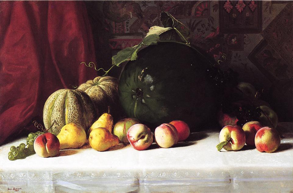 Still Life with Melons, Pears and Apples, vintage artwork by George Hetzel, 12x8" (A4) Poster