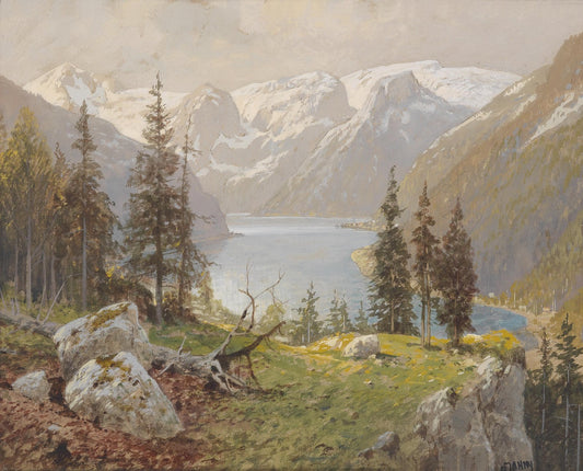 Hallstädter Lake and Northern Slope of the Dachstein Plateau, vintage artwork by Georg Janny, 12x8" (A4) Poster