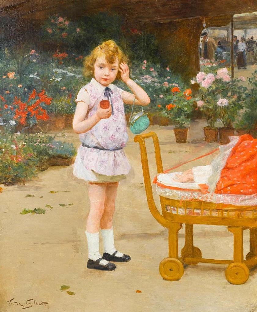 Looking after baby , vintage artwork by Victor Gabriel Gilbert, 12x8" (A4) Poster