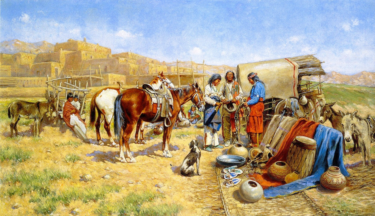 Indian Traders, vintage artwork by John Hauser, 12x8" (A4) Poster