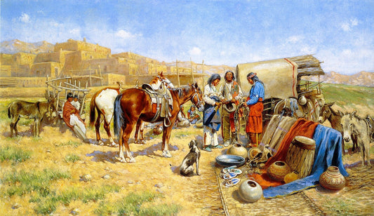 Indian Traders, vintage artwork by John Hauser, 12x8" (A4) Poster