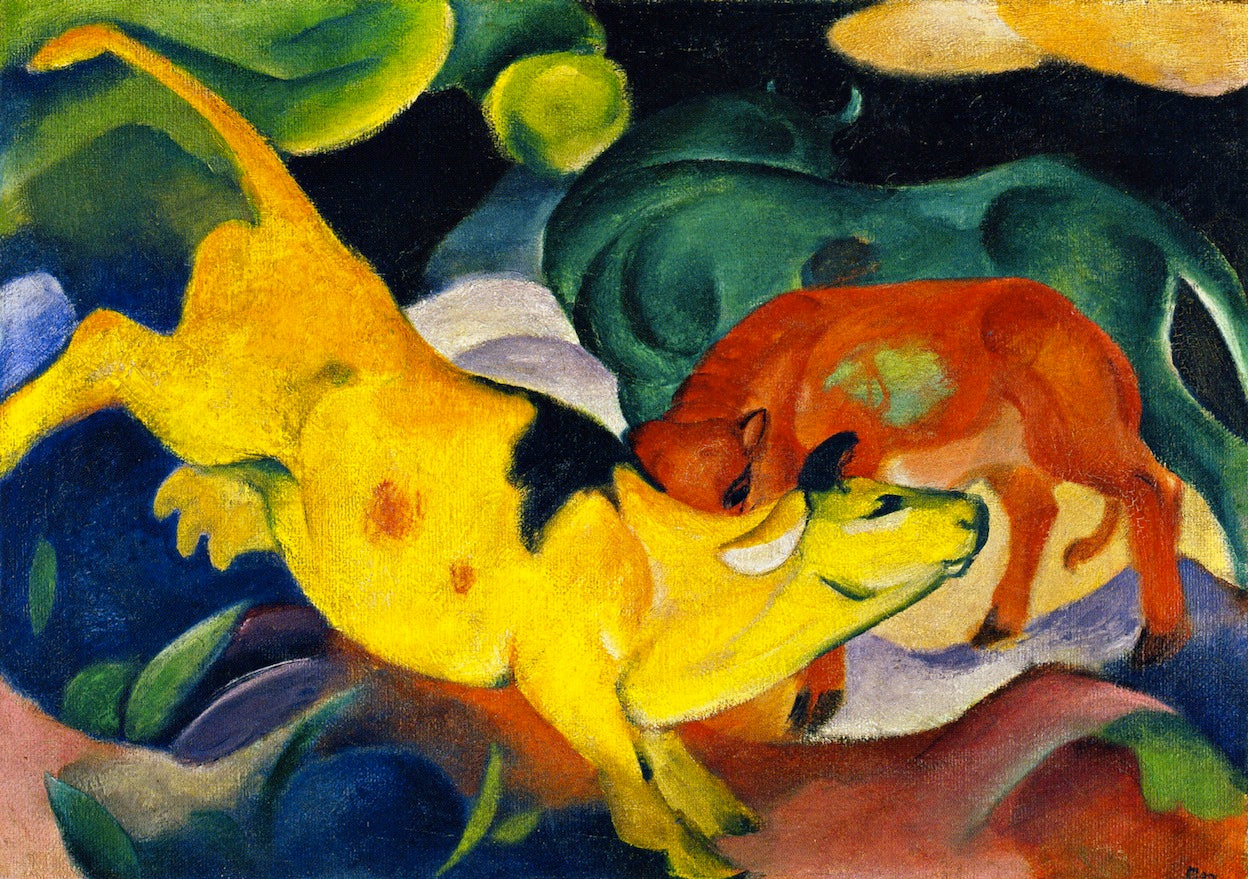 Cows, Red, Green, Yellow, vintage artwork by Franz Marc, 12x8" (A4) Poster