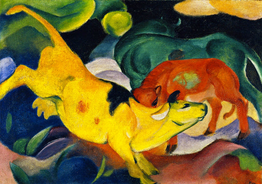 Cows, Red, Green, Yellow, vintage artwork by Franz Marc, 12x8" (A4) Poster