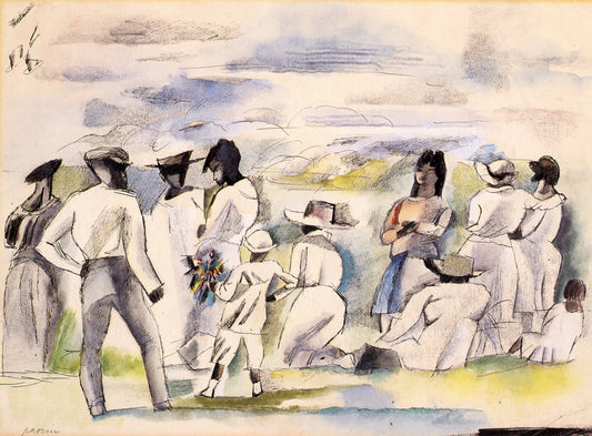 Group of Figures with Boy Holding Flowers, vintage artwork by Jules Pascin, 12x8" (A4) Poster