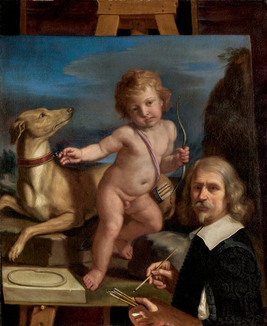 Self-Portrait before a Painting of 'Amor Fedele', vintage artwork by Guercino, 12x8" (A4) Poster
