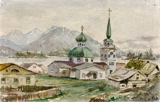 Rear View of Greek Church, Sitka, 1888, vintage artwork by Theodore J. Richardson, 12x8" (A4) Poster