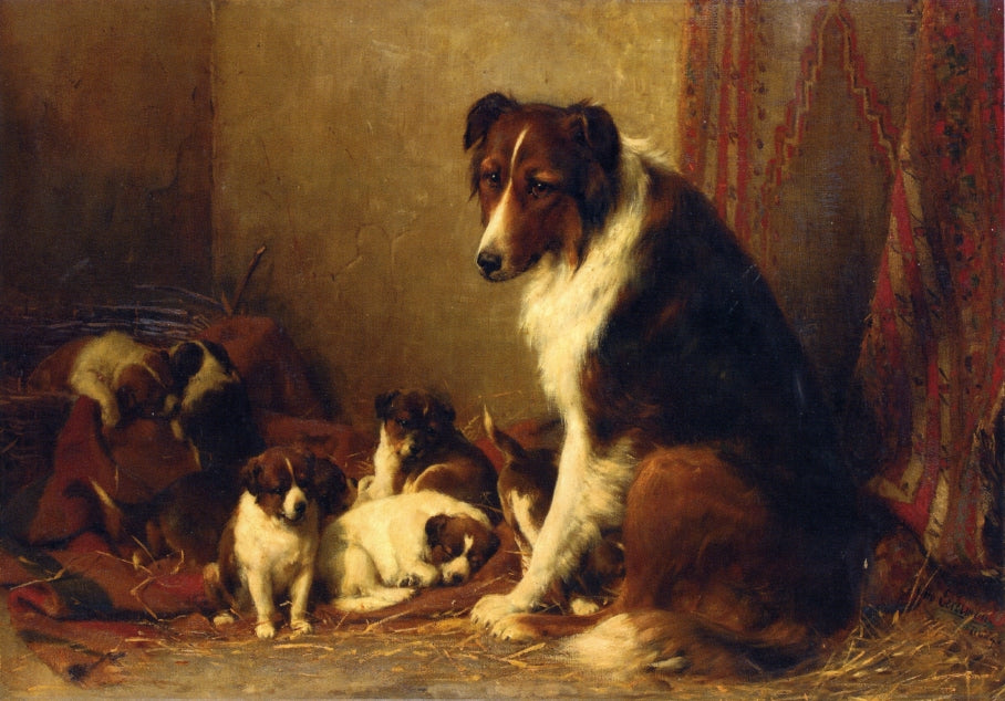 A Collie and Her Puppies, vintage artwork by Otto Eerelman, 12x8" (A4) Poster