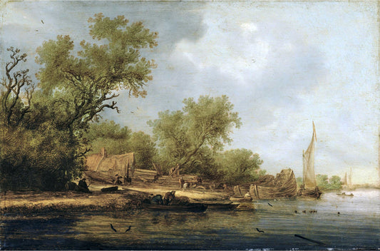 A River Landscape with Boatbuilders, vintage artwork by Salomon van Ruysdael, 12x8" (A4) Poster