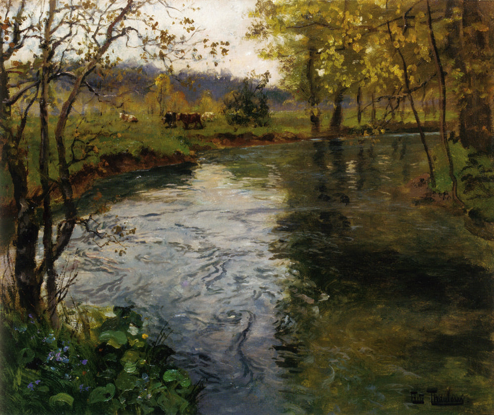 Landscape with Cows by  a Stream, vintage artwork by Fritz Thaulow, 12x8" (A4) Poster
