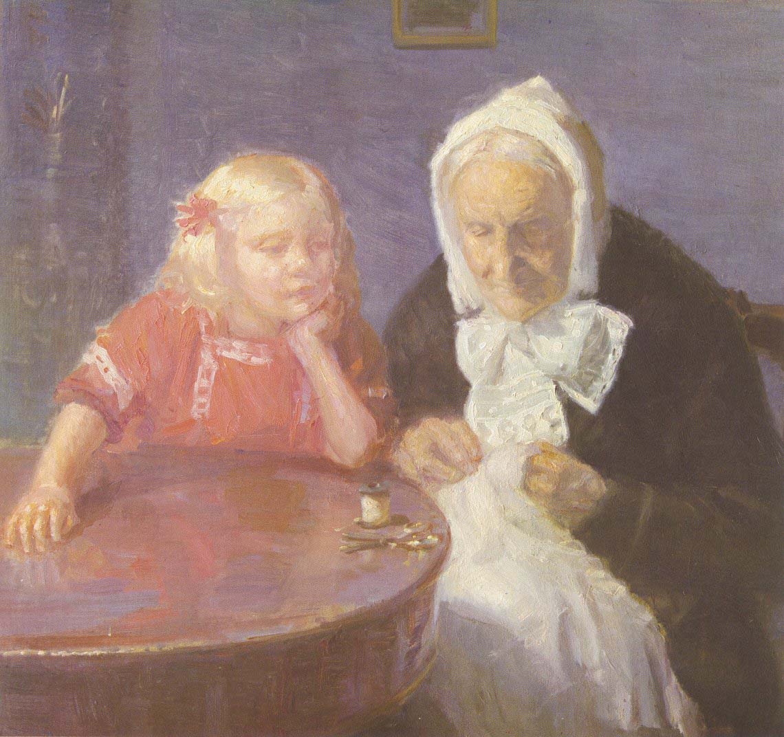 Keeping Grandma Company, vintage artwork by Anna Ancher, 12x8" (A4) Poster