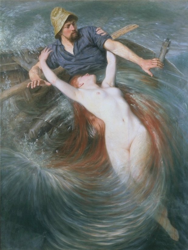 Fisherman and The Siren, vintage artwork by Knut Ekwall, 12x8" (A4) Poster