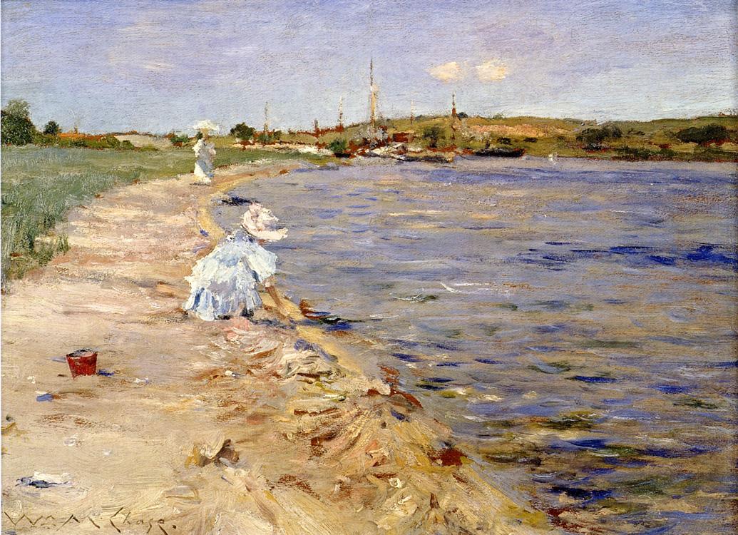 Beach Scene - Morning at Canoe Place, vintage artwork by William Merritt Chase, 12x8" (A4) Poster