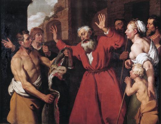 Joseph's blood-stained coat is brought and shown to Jacob, vintage artwork by Lambert Jacobsz, 12x8" (A4) Poster