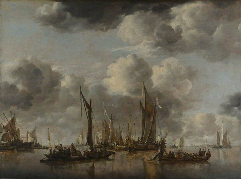 A Dutch Yacht Firing a Salute as a Barge pulls away and many Small Vessels at Anchor, vintage artwork by Jan van de Cappelle, 12x8" (A4) Poster
