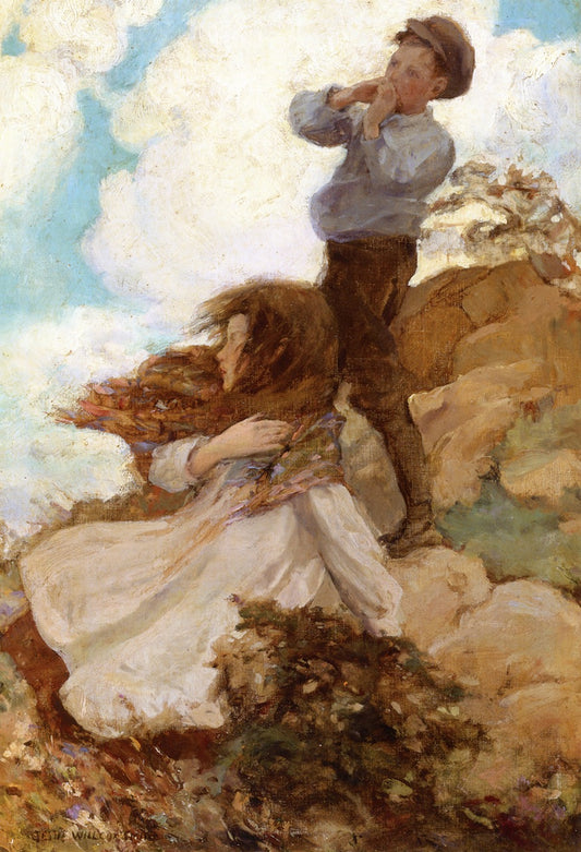 Two Children on a Windswept Hillside, vintage artwork by Jessie Willcox Smith, 12x8" (A4) Poster