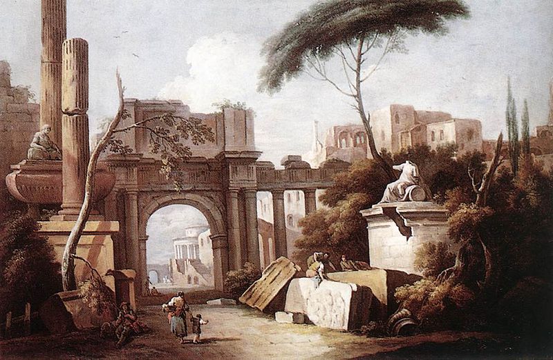 Ancient Ruins with a Great Arch and a Column, vintage artwork by Giuseppe Zais, 12x8" (A4) Poster