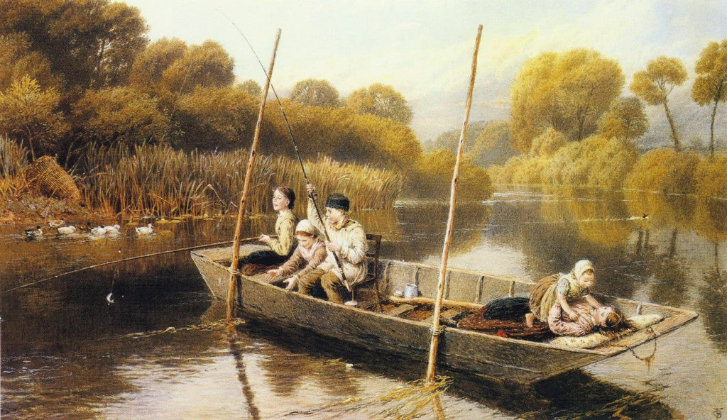 Boys Fishing from a Punt, vintage artwork by Myles Birket Foster, 12x8" (A4) Poster