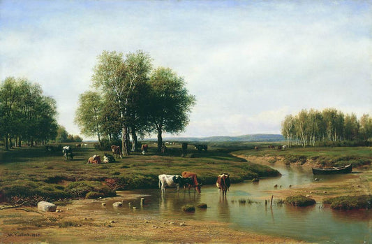 Cattle by  the River at Noon, vintage artwork by Mikhail Konstantinovich Klodt, 12x8" (A4) Poster