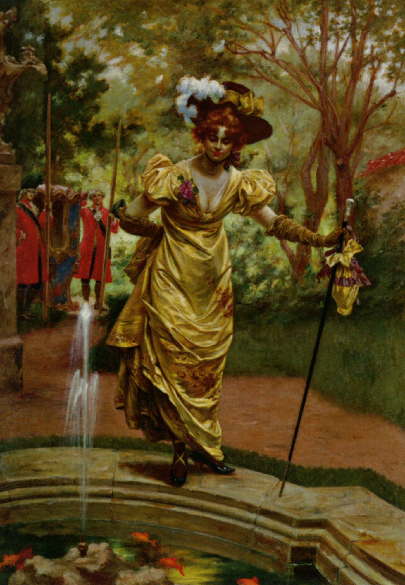 An Elegant Lady by  a Goldfish Pond, vintage artwork by Karl Gampenrieder, 12x8" (A4) Poster