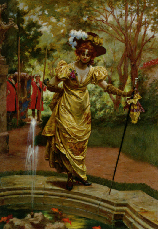 An Elegant Lady by  a Goldfish Pond, vintage artwork by Karl Gampenrieder, 12x8" (A4) Poster