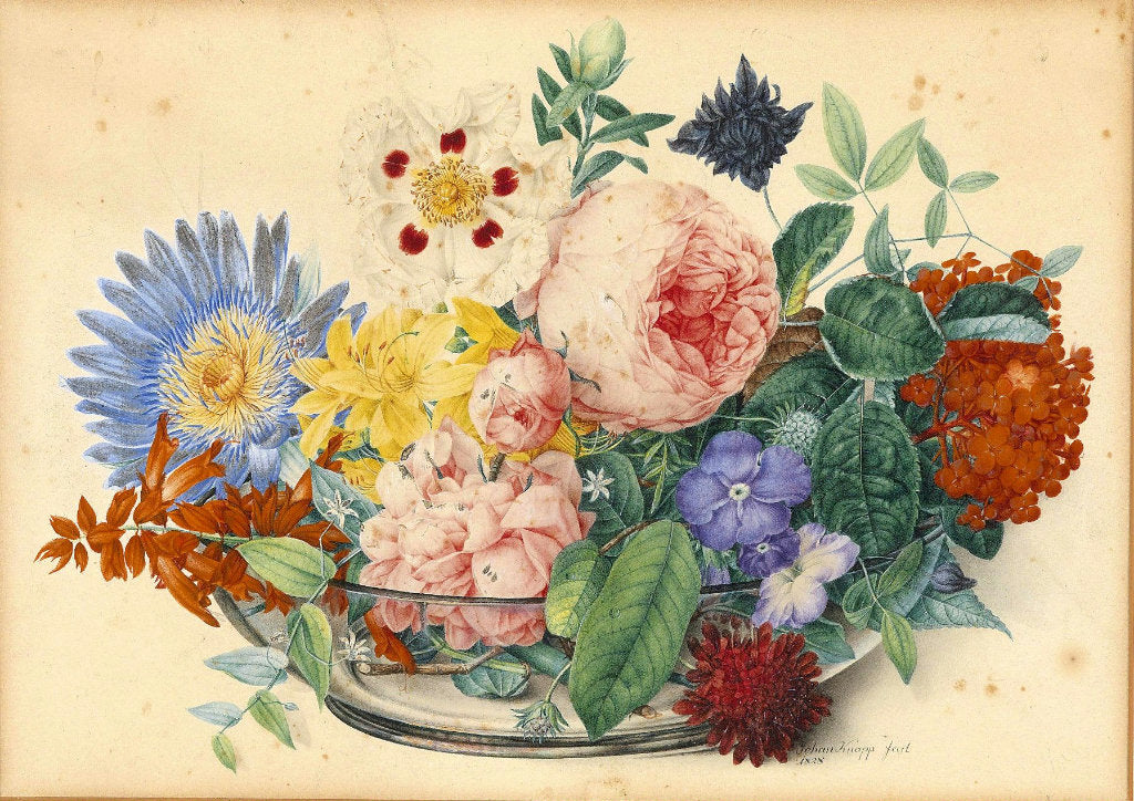 Still Life with Roses, Lilies and Hydrangeas in a Glass Bowl, vintage artwork by Johann Knapp, 12x8" (A4) Poster
