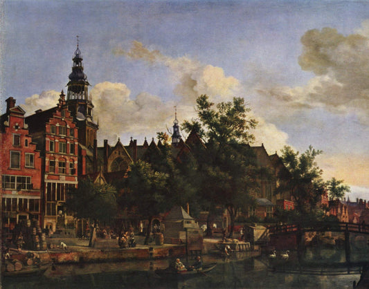 View of the Oude Kerk in Amsterdam from the south, vintage artwork by Jan van der Heyden, 12x8" (A4) Poster