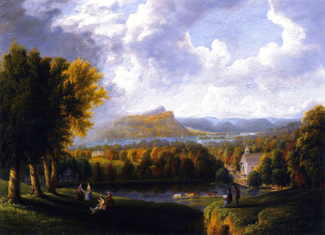 View of the Hudson River from Tarrytown, Old Dutch Church, Beekman Manor House, vintage artwork by Robert Havell Jr., A3 (16x12") Poster Print