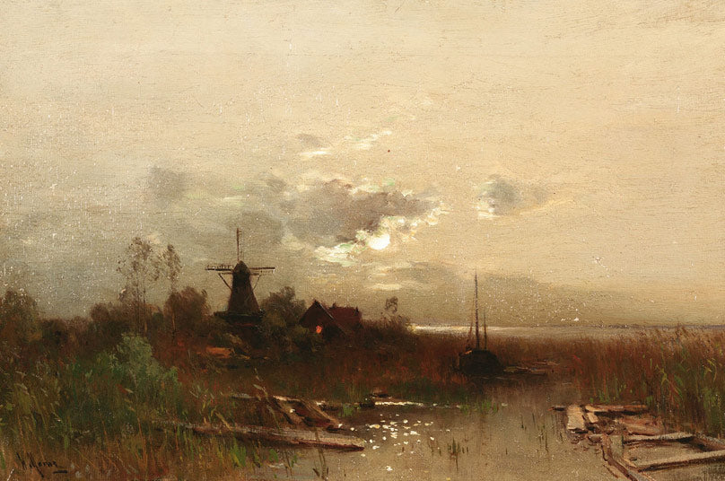 Landscape with windmill in the moonlight by Walter Moras,A3(16x12")Poster