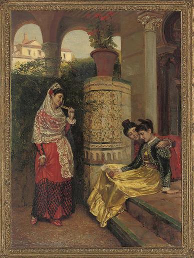 Spanish Girls in a Loggia, vintage artwork by John Bagnold Burgess, 12x8" (A4) Poster