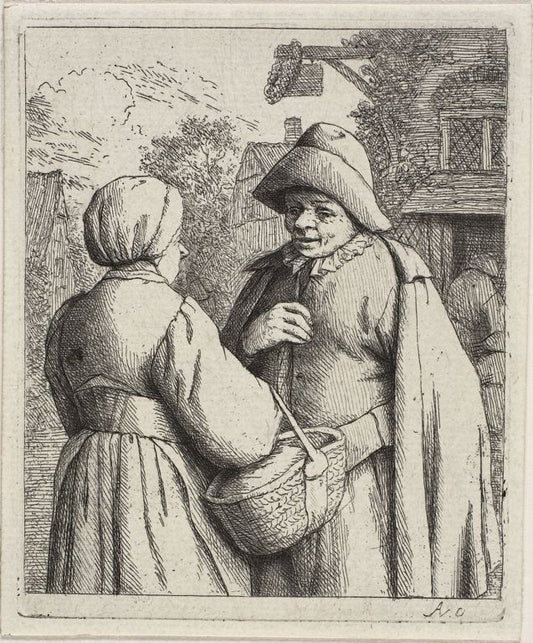 Man and Woman Conversing, vintage artwork by Adriaen van Ostade, 12x8" (A4) Poster