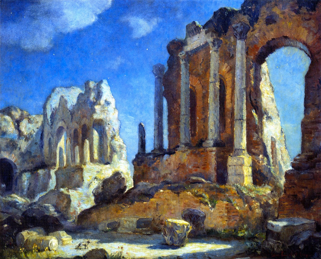Greco-Roman Theater at Night, Taormina, Sicily, vintage artwork by Colin Campbell Cooper, 12x8" (A4) Poster