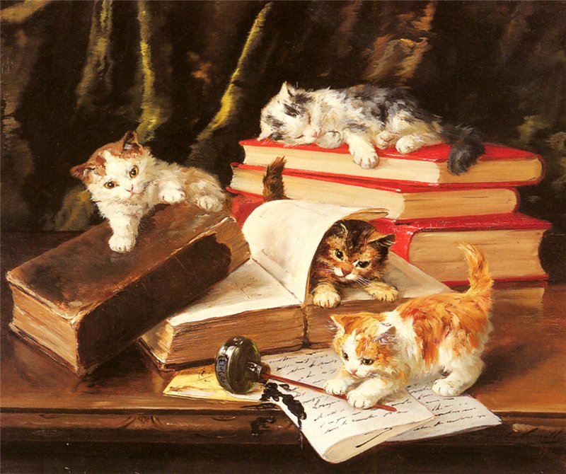 Kittens Playing on a Desk by Alfred Brunel de Neuville,A3(16x12")Poster