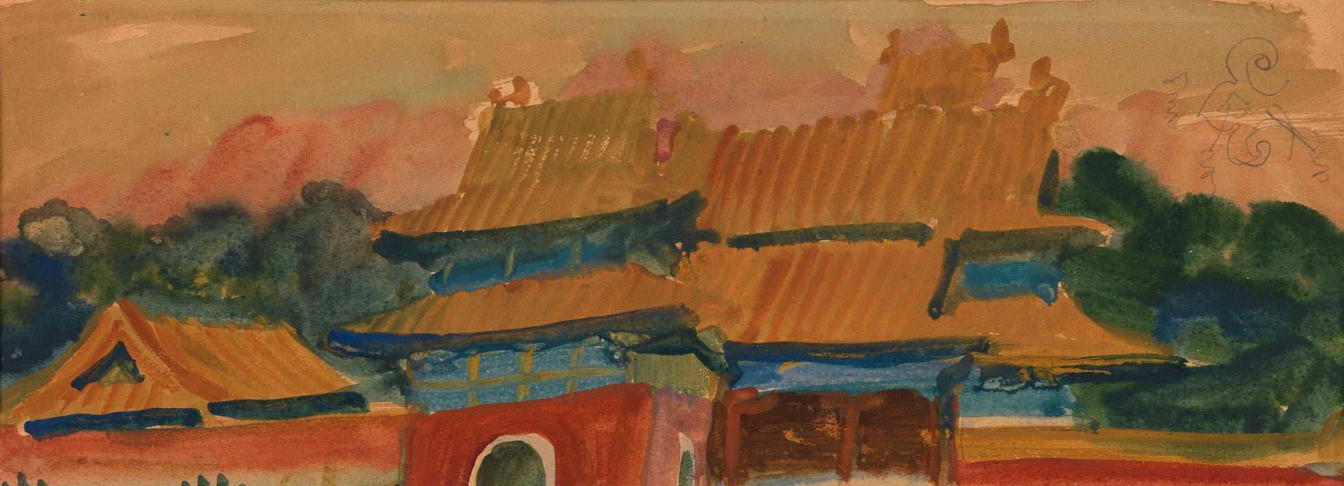 Pagoda Roofs, vintage artwork by Alexander Evgenievich Yakovlev, 12x8" (A4) Poster
