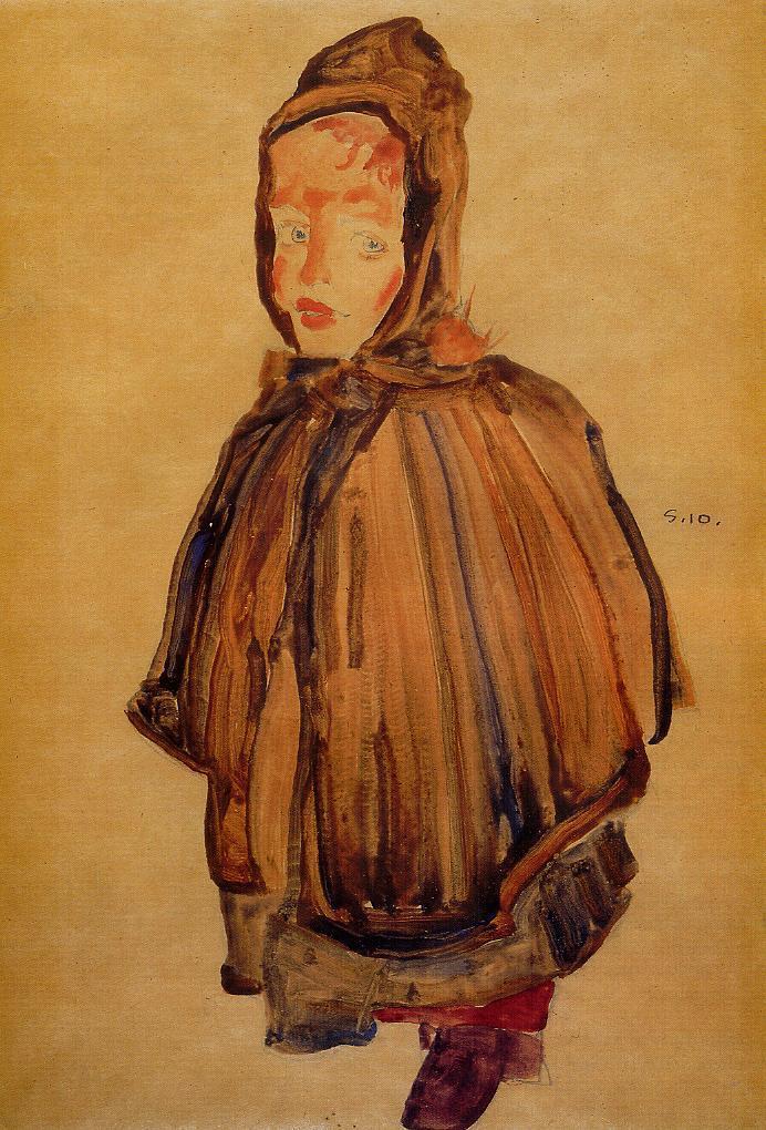 Girl with Hood, vintage artwork by Egon Schiele, 12x8