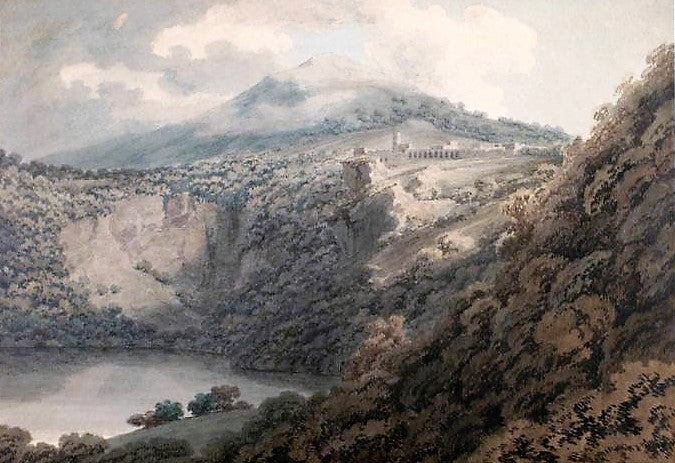 Lake And Town of Nemi, vintage artwork by John Robert Cozens, 12x8" (A4) Poster