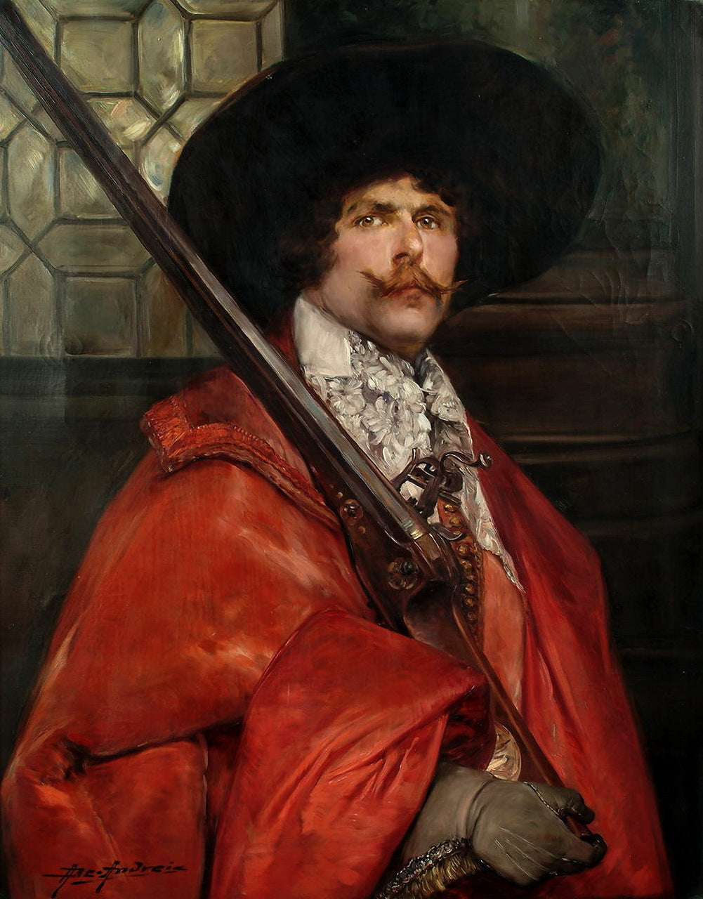 A Cavalier Holding a Musket, vintage artwork by Alex de Andreis, 12x8" (A4) Poster