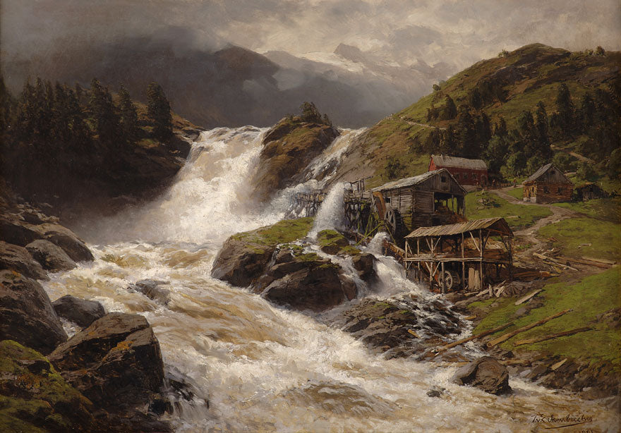 Norwegian Waterfall, vintage artwork by Themistolles von Eckenbrecher, 12x8" (A4) Poster